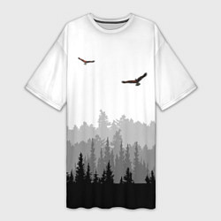 Женская длинная футболка Птицы над лесом