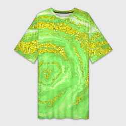 Женская длинная футболка Салатовая золотистая абстракция
