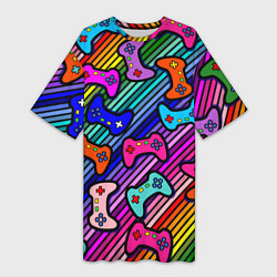 Футболка женская длинная Многоцветные полоски с джойстиками, цвет: 3D-принт