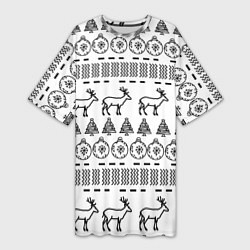Женская длинная футболка Черно-белый узор с оленями
