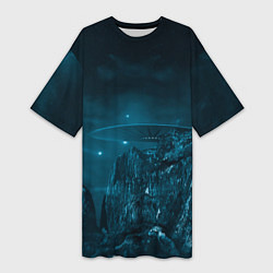 Женская длинная футболка Синий космос, горы и нло