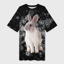 Футболка женская длинная Кролик и пушистые снежинки, цвет: 3D-принт