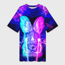 Женская длинная футболка Неоновый кролик стреляет лазерами из глаз