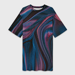 Женская длинная футболка Абстрактные фиолетовые и синие волны с блёстками