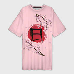 Женская длинная футболка Цветущая сакура с иероглифом cолнце