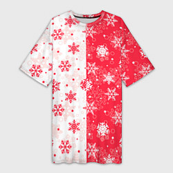 Женская длинная футболка Снежинки красно-белые
