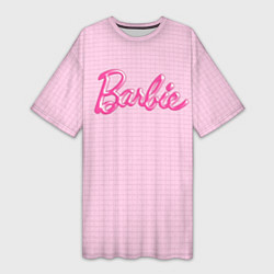 Футболка женская длинная Барби - логотип на клетчатом фоне, цвет: 3D-принт