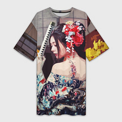 Футболка женская длинная Японская девушка с самурайским мечом, цвет: 3D-принт