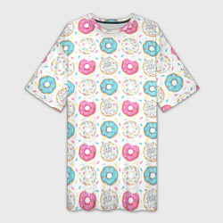 Женская длинная футболка Разноцветные пончики с серым зайцем