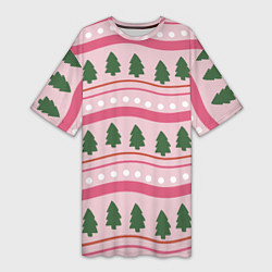 Женская длинная футболка Новогодний свитер: розовый