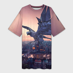Женская длинная футболка Футуристичный город с металлической птицей