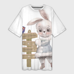 Женская длинная футболка Рождественский Кролик с Птичкой