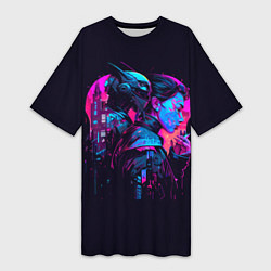 Футболка женская длинная Девушка и робот, цвет: 3D-принт