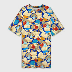 Футболка женская длинная Книги и котики, цвет: 3D-принт