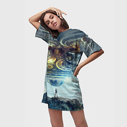 Футболка женская длинная Космический корабль и девушка, цвет: 3D-принт — фото 2