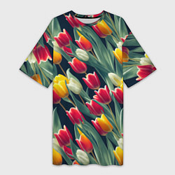 Женская длинная футболка Много тюльпанов