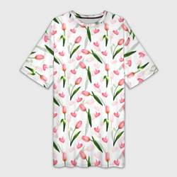Женская длинная футболка Тюльпаны и сердечки - паттерн