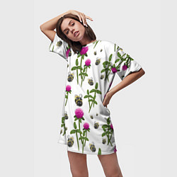 Футболка женская длинная Клевер и пчёлки - паттерн, цвет: 3D-принт — фото 2