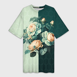 Женская длинная футболка Розы на зеленом фоне