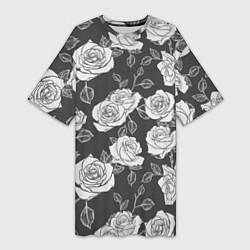 Футболка женская длинная Нарисованные белые розы, цвет: 3D-принт