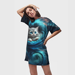 Футболка женская длинная Котик в звездных облаках, цвет: 3D-принт — фото 2