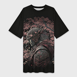 Футболка женская длинная Самурай среди ветвей цветущей сакуры, цвет: 3D-принт