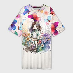 Женская длинная футболка Девочка среди цветов