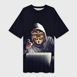 Женская длинная футболка Хакер аноним в тёмной комнате