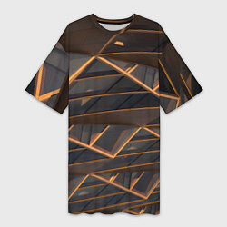 Футболка женская длинная Объёмные оранжевые линии и серые фигуры, цвет: 3D-принт