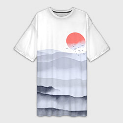 Женская длинная футболка Японский пейзаж - восход солнца