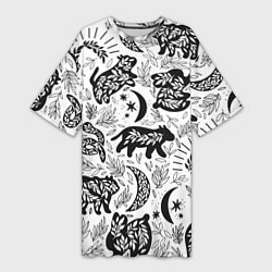 Женская длинная футболка Веточки и лесные звери - паттерн