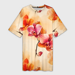 Женская длинная футболка Акварельные цветы - персиковый паттерн