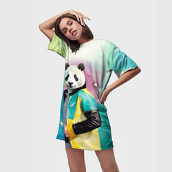 Футболка женская длинная Прикольный панда в модной куртке, цвет: 3D-принт — фото 2