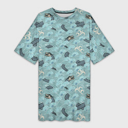 Футболка женская длинная Японский дракон на волнах паттерн, цвет: 3D-принт