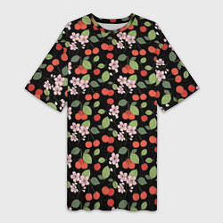 Женская длинная футболка Паттерн цветы и вишня
