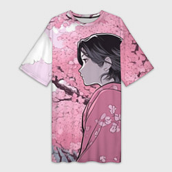 Женская длинная футболка Силуэт девушки на фоне сакуры: арт нейросети