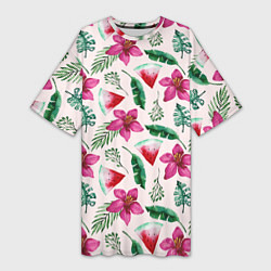 Женская длинная футболка Арбузы, цветы и тропические листья