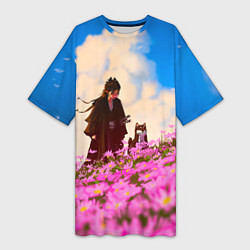 Женская длинная футболка Девушка самурай и сиба ину