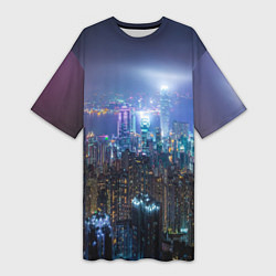 Женская длинная футболка Большой город в розово-голубых огнях