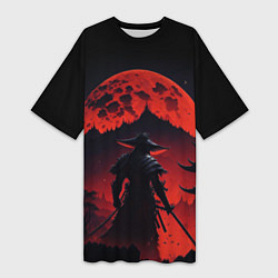 Женская длинная футболка Самурай, деревня и луна - мрачный