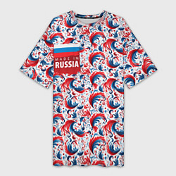 Футболка женская длинная Флаг России и русские узоры, цвет: 3D-принт