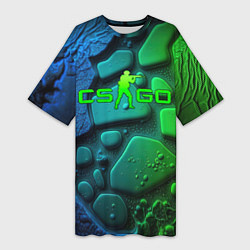 Женская длинная футболка CS GO green black abstract