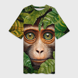 Женская длинная футболка Обезьяна в джунглях