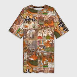 Женская длинная футболка Коллаж из сказочных зверей - совы, белки, ёжики