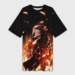 Женская длинная футболка Незуко и пламя - клинок