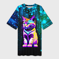 Женская длинная футболка Космический котёнок - звездопад