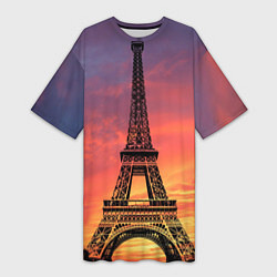Футболка женская длинная Эйфелева башня - закат, цвет: 3D-принт