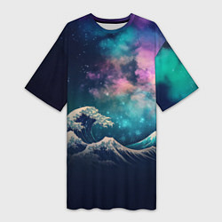 Женская длинная футболка Космическая Большая волна в Канагаве