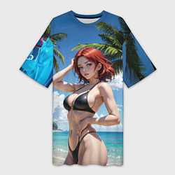 Женская длинная футболка Девушка с рыжими волосами на пляже