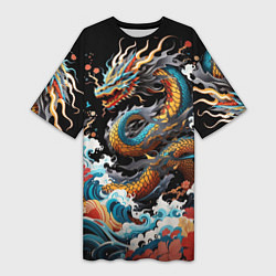 Женская длинная футболка Дракон на волнах в японском стиле арт